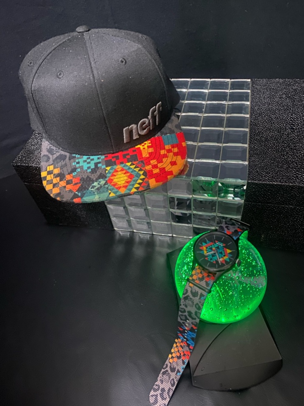 Neff Black Snapback with Multicolor Geometric Brim